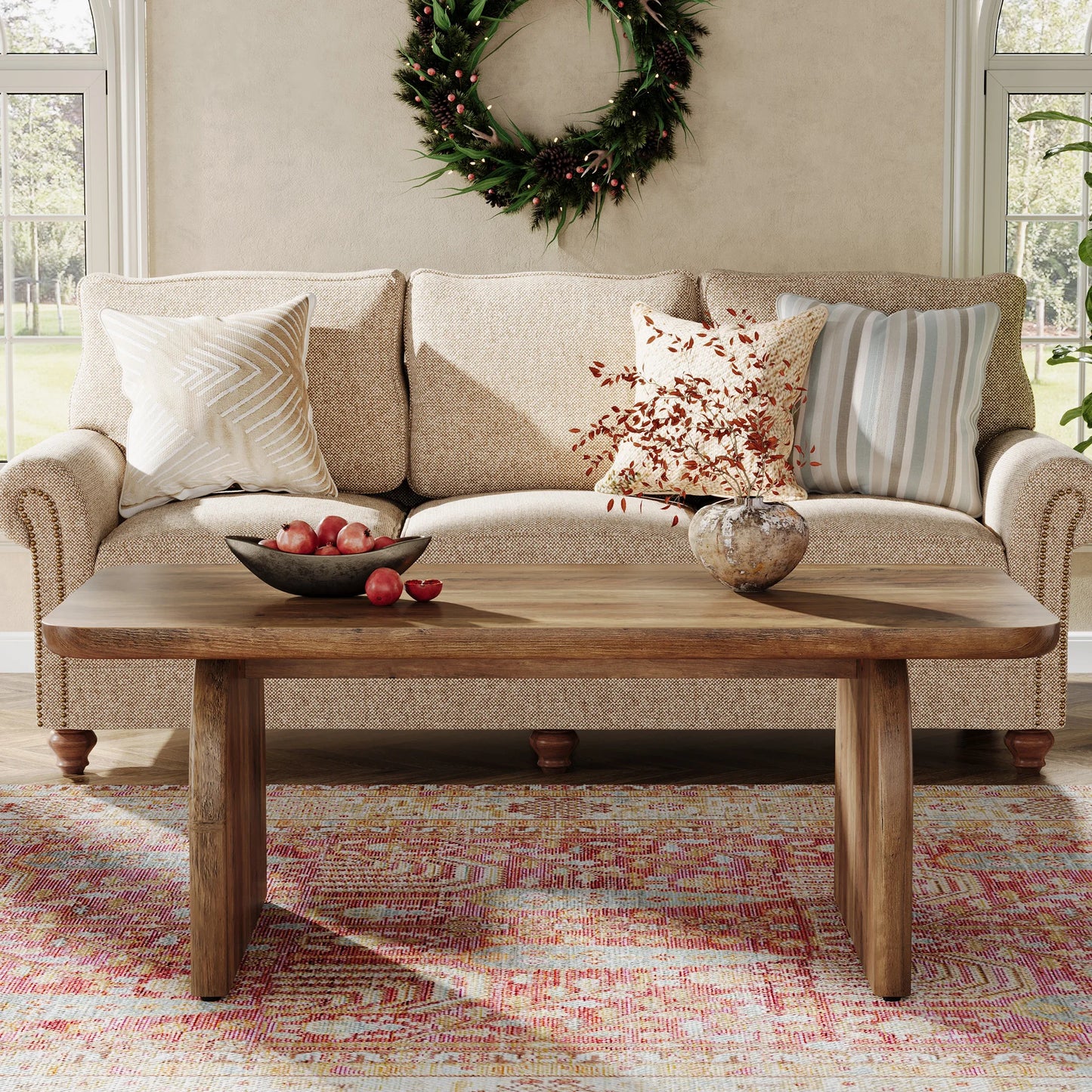 Tribesigns Farmhouse Rectangular Coffee Table, 47.24-Inch Engineered Wood Center Cocktail Tea Table with Sturdy Base